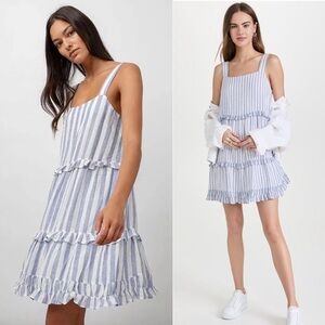 RAILS Linen Stripe Tiered Ruffle Square Neck‎ Sleeveless Babydoll Mini Dress S